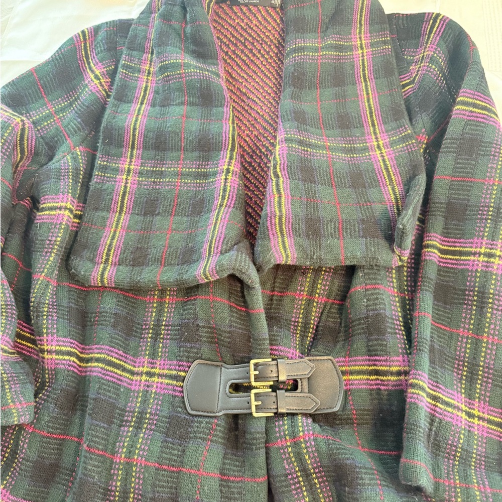 Lauren Ralph Lauren plaid Women's Sweater Jacket with Belt buckle close